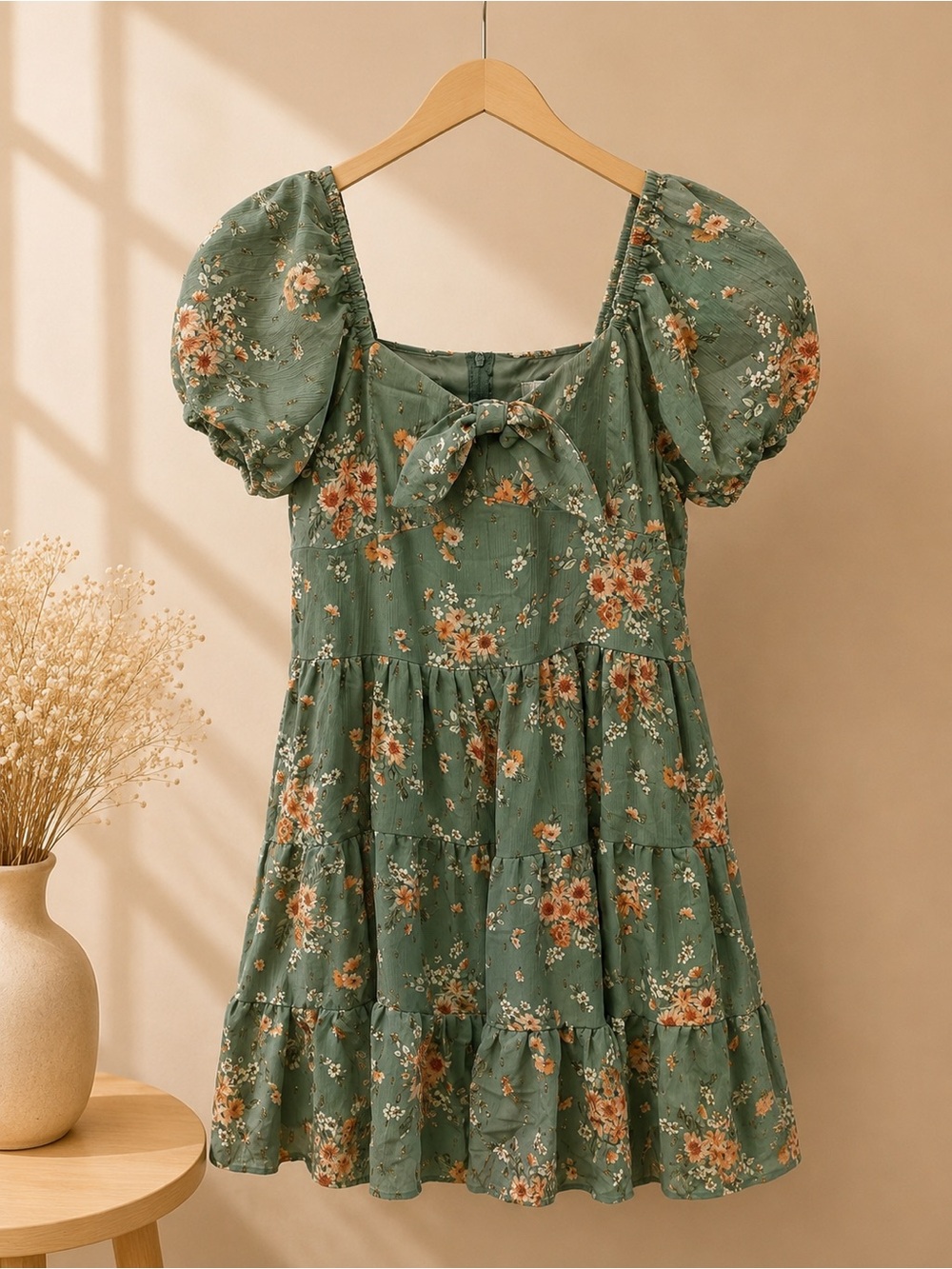 Rare Editions Green Floral Puff Sleeve Dress